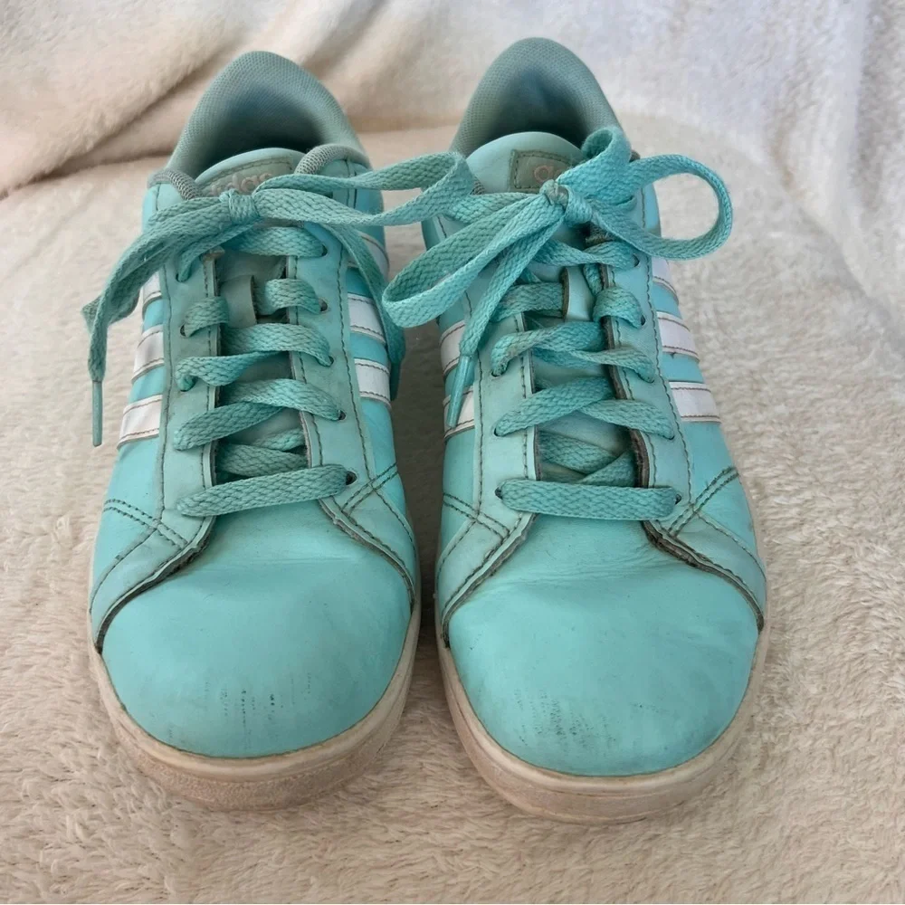 Adidas teal blue kids sneakers with white stripes, size 4, preowned